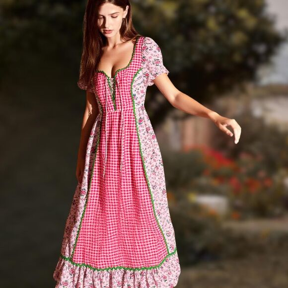 Vintage 1970s Prairie Maxi Dress – Retro Edwardian-Inspired Floral Gingham Boho - Picture 1 of 6
